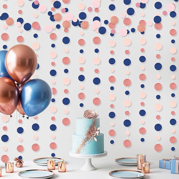 Outus 5 Pieces Blue,Pink,Rose Gold Round Dots Garland Graduation Party Hanging Decor Each Length 13.1ft Glitter Paper Dot Streamers for Birthday Wedding Classroom Supplies