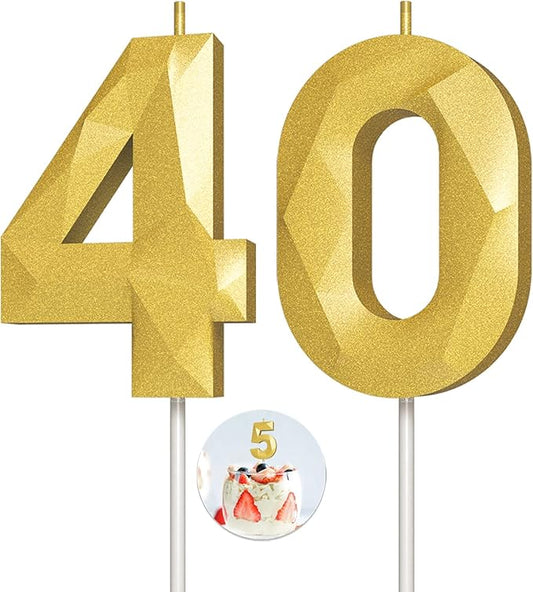 Number Birthday Candles(40 Candle Gold) 3D Diamond Shape Number Happy Birthday Cake Candles for Birthday Party Wedding Decoration Reunions Theme Party
