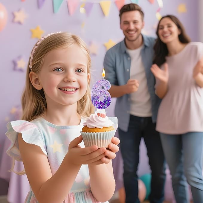 Purple Sequin Birthday Candles, Cake Number Candles, Girls 0th Birthday Decorations, Suitable for Birthday Parties, Anniversary Party Decorations(6)