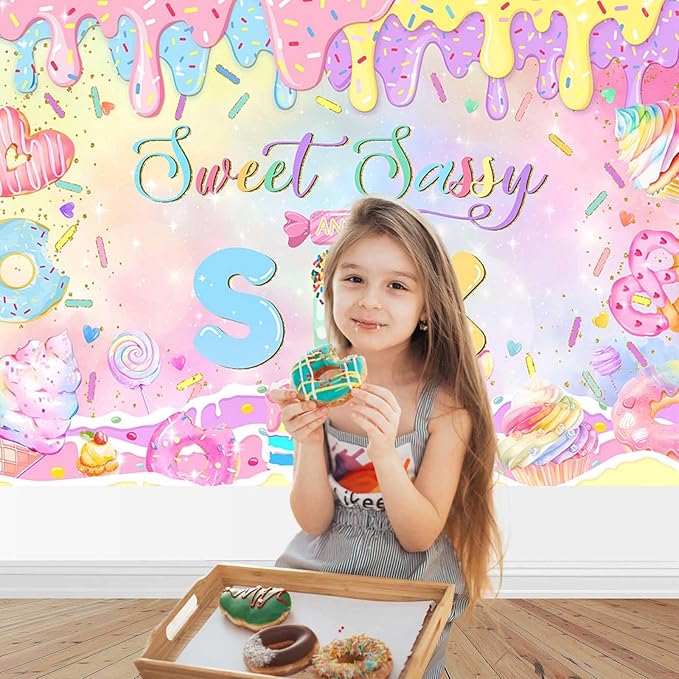 Mocsicka Donut 7th Birthday Banner Backdrop Sweet Sassy and Seven Birthday Party Decorations Banner for Girls Seven Birthday Party Banner for Phogography (Pink, 10x7ft(120"x82"))