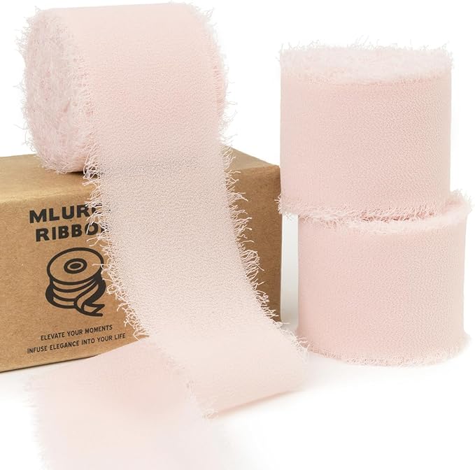 Blush Pink Chiffon Ribbon - 1-1/2 Inch x 21 Yards, Handmade Fringe, Boho Frayed, Pale Pink for Gift Wrapping, Wedding Invitation, Bridal Flower Bouquets