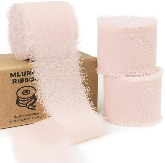 Blush Pink Chiffon Ribbon - 1-1/2 Inch x 21 Yards, Handmade Fringe, Boho Frayed, Pale Pink for Gift Wrapping, Wedding Invitation, Bridal Flower Bouquets