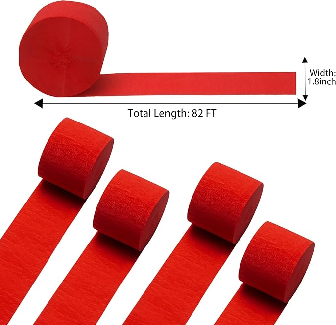 Pack of Red Crepe Paper Streamers 4 Rolls 328ft, Red Crepe Paper for Birthday Party Decorations Wedding Graduation Theme Anniversary Engagement Bachelorette Carnival Casino Bridal Shower Xmas Decors