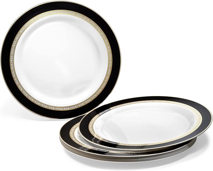 " OCCASIONS " 120 Plates Pack,(60 Guests) Heavyweight Premium Wedding Party Disposable Plastic Plates Set -60 x 10.5'' Dinner + 60 x 7.5'' Salad/Dessert (Ritz Black and Gold)