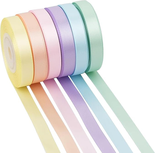3/8 Inch Pastel Rainbow Double Face Satin Ribbon Set, 6 Rolls, 60 Yards, Assorted Colors for Gift Wrapping, Hair Bows, Bouquets, Wedding, Party Decor and DIY Crafts