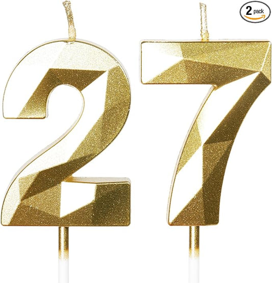 27th Birthday Candles,Number 27 Candles, Gold Happy Birthday Candle for Cake,3D Design Cake Topper Decorations for Women Men Birthday Party Wedding Anniversary Celebration Supplies