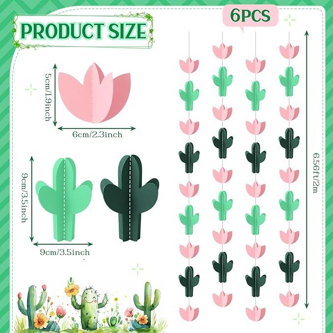 Funrous 6 Pcs Cactus Garlands Banner - 3D Cactus Party Decorations Fiesta Mexican Themed Paper Streamers Desert Plant Hanging Ornaments Backdrop for Cinco De Mayo Supplies Succulents Birthday Decor