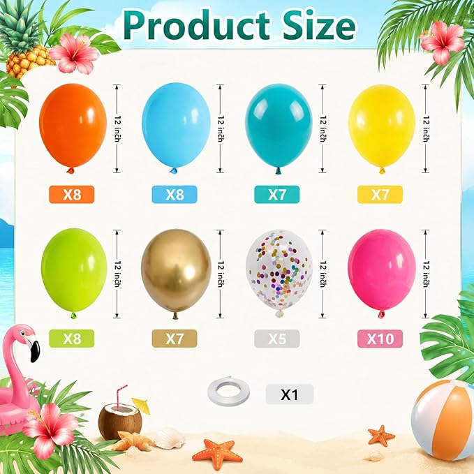 Tropical Balloons, 60Pcs Summer Balloon Hot Pink Orange Teal Blue Yellow Green Gold Colorful Balloons with Rainbow Confetti Balloon for Hawaiian Aloha Luau Pool Birthday Beach Party Decorations