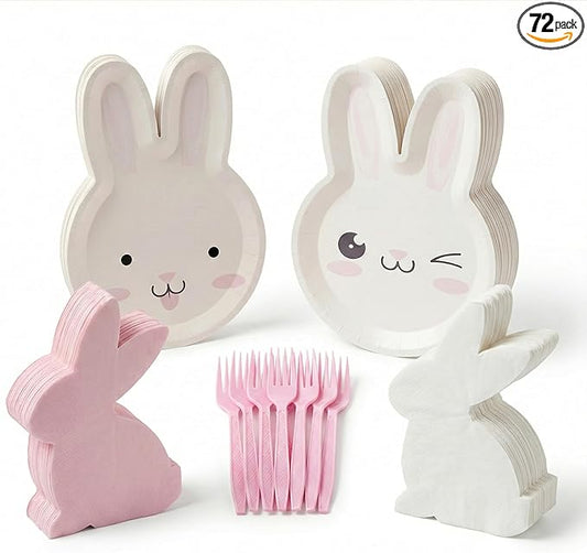 72 Pcs Pink Bunny Party Napkins and Plates Disposable for 24 Guests, Cute 9" Paper Plates, Cocktail Napkins, Forks, Party Supplies for Birthday, Bridal Shower Decorations