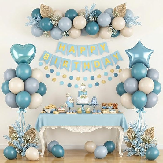 Blue Birthday Party Decorations for Boys Men Dusty Blue Sand White Balloon Set with Star Heart Foil Balloons Happy Birthday Bunting Banner Garland Navy Light Cream Beige Party Decor Kit Baby Girls
