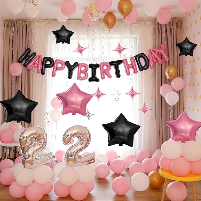 CANREVEL Happy Birthday Banner 13pcs 16 Inch Mylar Foil Letters with 12pcs Star Balloons Birthday Party Decorations for Kids and Adults - 3D Black Pink