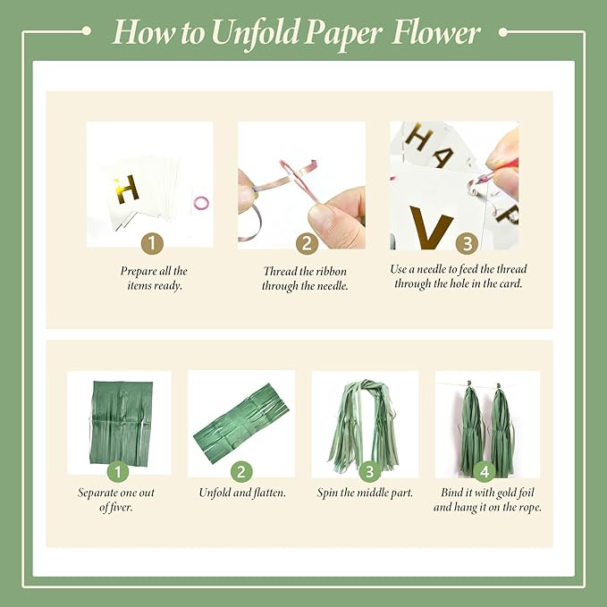 ELTNEGSA Sage Green Birthday Party Decorations with Banner, Tissue Tassels, Paper Pompoms, Balloons, Star Garland, Cake Topper