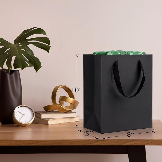 MOXARYSU 4 Pcs Medium Black Gift Bags: 8x5x10 Inches Gift bags With Handles Party Favor Bags With 8 Tissue Paper For Party,Birthday,Baby Shower,Wedding（Black）