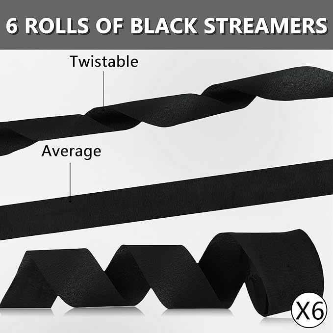 Crepe Paper Streamers 6 Rolls Black Streamers 2.2 Inches 738 Feet, Streamers Party Supplies DIY Crafts for Birthday, Wedding, Baby Shower, Bachelorette Party, Graduations Decorations, Black
