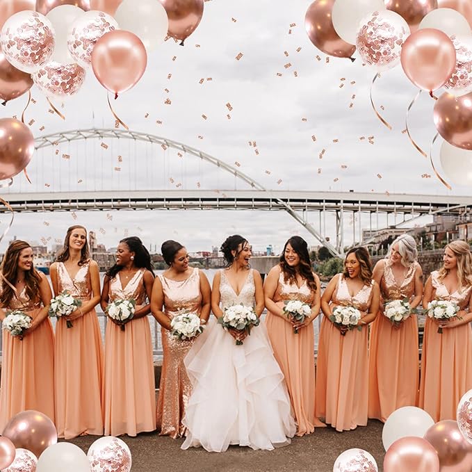Rose Gold Confetti Balloons - 50pcs 12 Inch Metallic Rose Gold and White Latex Balloons for Bridal Shower Sweet 16 Birthday Wedding Anniversary Party Decorations