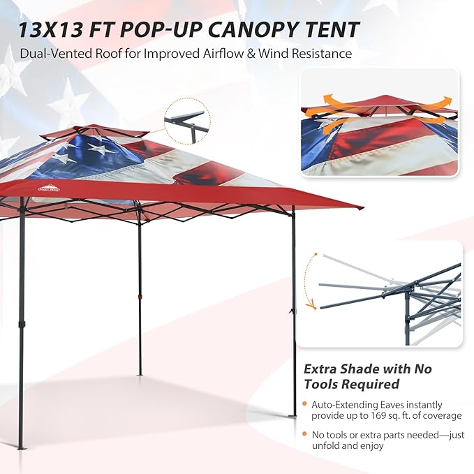 EAGLE PEAK 13x13 Straight Leg Pop Up Canopy Tent Instant Outdoor Canopy Easy Single Person Set up Folding Shelter w/Auto Extending Eaves 169 Square Feet of Shade (Stars and Stripes)