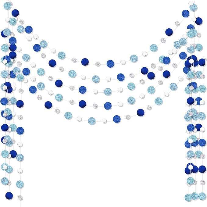 Outus 5 Pieces Silver Round Dots Garland Graduation Party Hanging Decor Each Length 13.1ft Glitter Paper Dot Streamers for Birthday Wedding Classroom Supplies (Blue)