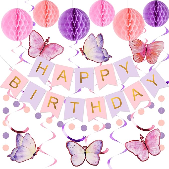meowtastic Birthday Decorations, Happy Birthday Banner with Honeycomb Balls, Butterfly Hanging Swirl Streamers, Circle Dots Garland, Happy Birthday Party Decorations for Women Girls (Purple&Gold)