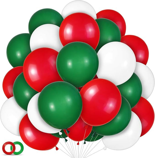 100 Pcs Christmas Red Green Balloons 12 Inch Red Green and White Latex Balloons with 65ft Ribbon for Christmas Birthday Baby Shower Party Decorations
