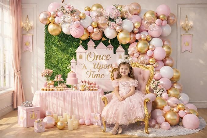 Rose Gold Pink White Balloon Garland Arch 160PCS Confetti Balloons Baby Shower Once Upon a Time Princess Birthday Fairytale Engagement Bridal Shower Party Decoration