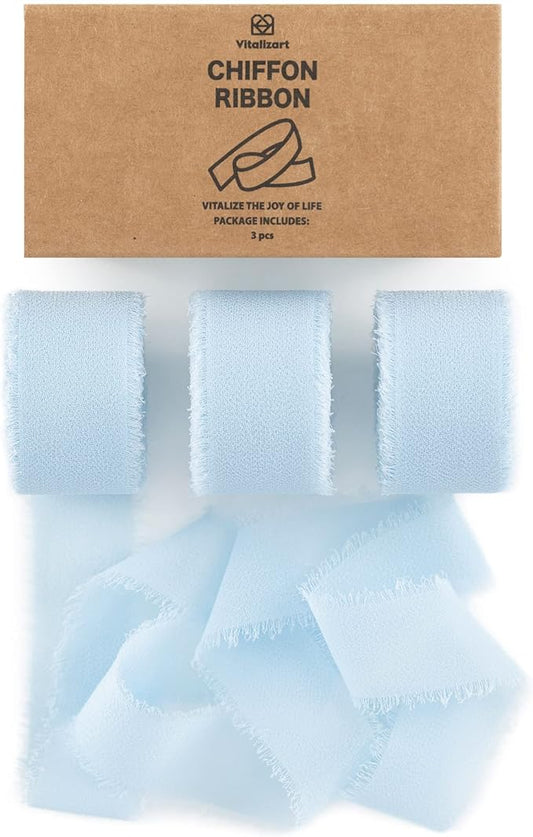 Vitalizart Baby Blue Chiffon Silk Ribbon 1" x 21 Yd Fringe Fabric Package (3 Rolls * 7 Yd) for Wedding Invitations Bridal Bouquets Decorations Gifts Wrapping & Bow Making