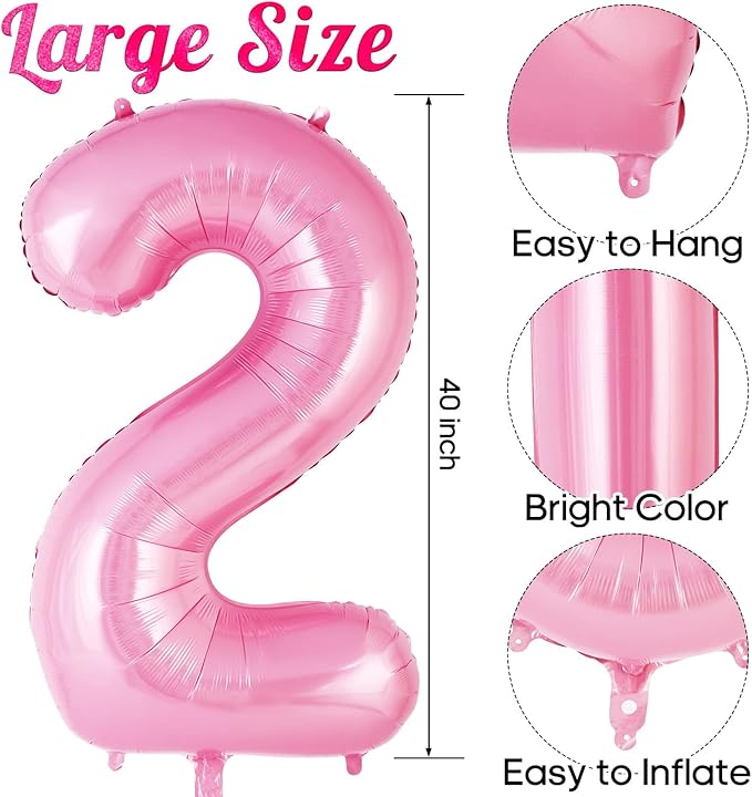 Pink Number 2 Balloon 40 Inch, Big Large Foil Helium Number Balloons, Jumbo Giant Mylar Number 2 Balloons for 2 Second Birthday Party Decorations Supplies Anniversary Celebration