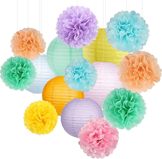 zilue Pastel Party Decorations, Paper Lanterns and Pom Poms Flowers for Birthday Party Baby Shower Easter Decor Pack of 15 Pieces