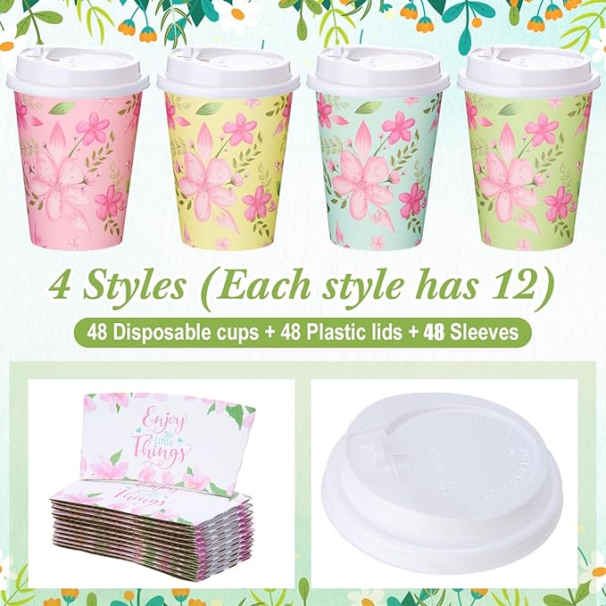 LemonRoad 48 Sets 12 oz Floral Paper Disposable Coffee Cups with Lid, Sleeves, 4 Color Spring Cute Flower Designs Cups Party Supplies for Tea Hot Drink Cold Beverage Cocoa(Colorful Flower)