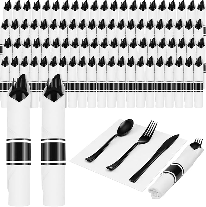 100 Pack Pre Rolled Disposable Utensils, Black Heavy Duty Cutlery Set Disposable Plastic Flatware, Including Forks, Knives, Spoons and Napkins for Parties, Weddings, Dinners & Events