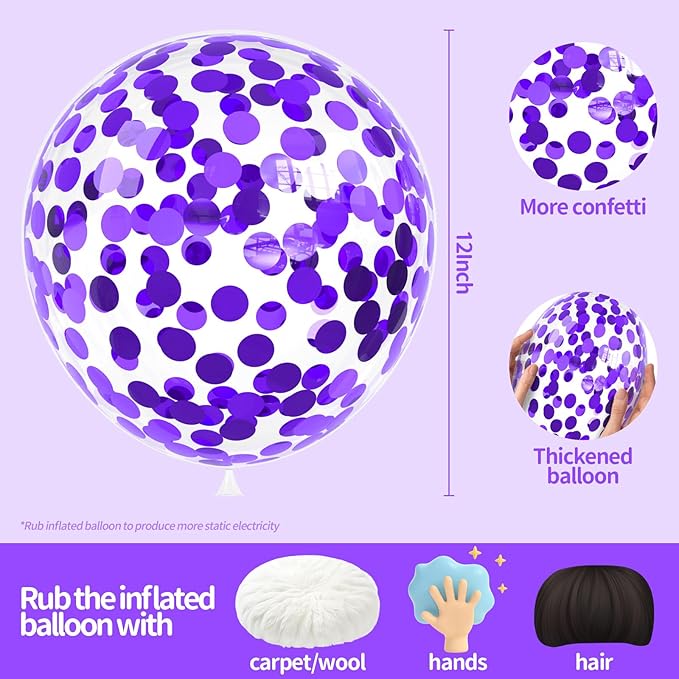 Purple Confetti Balloons, 25 Pcs Thickened 12 Inch Clear Latex Balloon with Confetti Inside for Graduation Engagement Bridal Shower Party Baby Shower Birthday Party Decorations Supplies