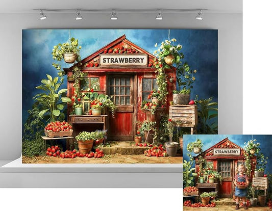 Kate 7x5ft Vintage Strawberry Farm Photography Backdrop Wooden Red Cottage with Plants Decoration Backgrounds Greenery Berry Baskets Baby Shower Photo Background