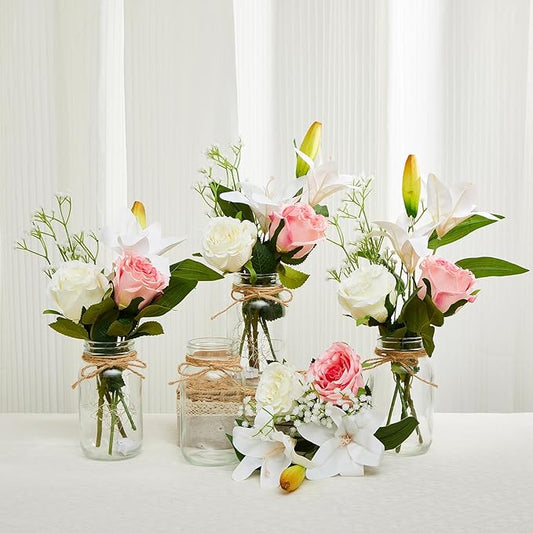 4 Sets Mason Jar with Lights Pink White Flowers Decorative Pink White Centerpieces for Tables Mason Jars Rose Lily Gypsophila Decorations LED Farmhouse Vase for Home Wedding Event Party Decor