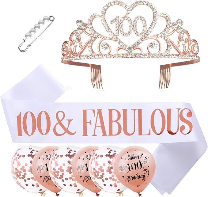 100th Birthday Tiara and Sash Kit - 100 & FABULOUS White Sash and Rose Gold Rhinestone Crown for Women Party Supplies