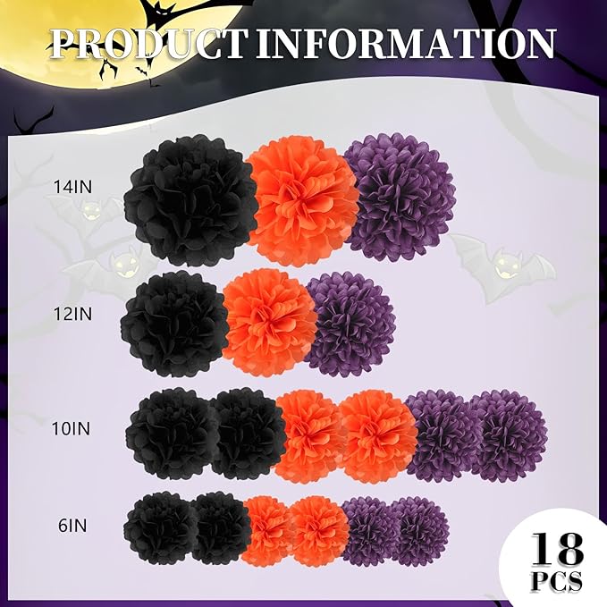 18 PCS Tissue Paper Pom Poms, Tissue Pom Poms Flowers, Sizes of 6", 10", 12", 14" Hanging Paper Flower Ball for Wedding, Birthday, Halloween, Party Decor (Black Orange Purple)