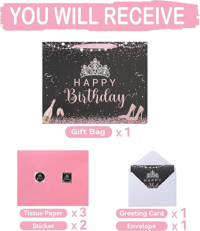 wishinside 16.5'' Extra Large Black Happy Birthday Gift Bag Set with Handles, Greeting Card, Tissue Papers and Stickers for Girls Women Kids Teens, Tiara Design, 1 Pcs