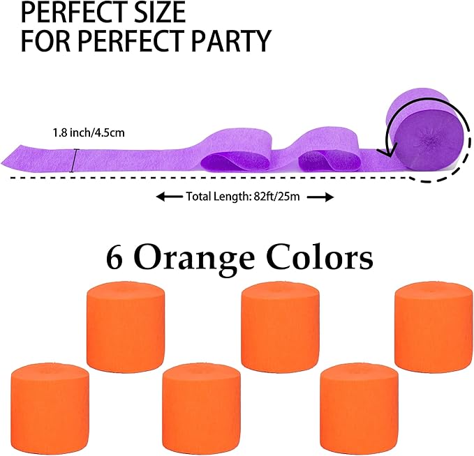 6 Rolls 492ft Colorful Crepe Paper Streamers,Pack of Paper Party Streamers for Orange Party Decorations, Birthday Decorations, Wedding Decorations (1.8 Inch x 82 Ft/Roll)