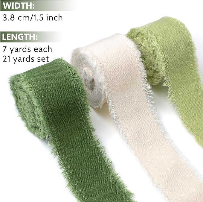 Green & Ivory Cotton Linen Ribbon 1-1/2 Inch x 21Yds Boho Vintage Rustic Ribbon Handmade Fringe Frayed Cloth Fabric Ribbon for Gift Wrapping Wedding Invitations Bridal Bouquets DIY Crafts