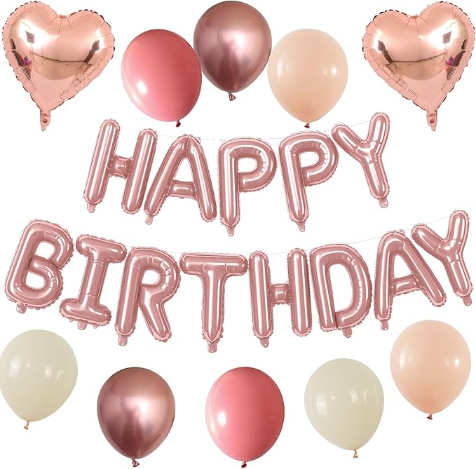 Happy Birthday Balloon Banner Rose Gold, 16 Inch Mylar Letters Rose Gold Heart Foil Balloons Dusty Blush Pink Nude Metallic Ivory Balloons Boho Neutral Birthday Decorations for Girls Women