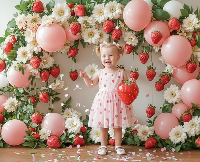 Kate 7x5ft Strawberry Daisy Balloon Photography Backdrop Pink White Floral Photo Booth Background for Sweet One Birthday Berry Sweet Baby Shower Girl Strawberry Themed Party Decorations