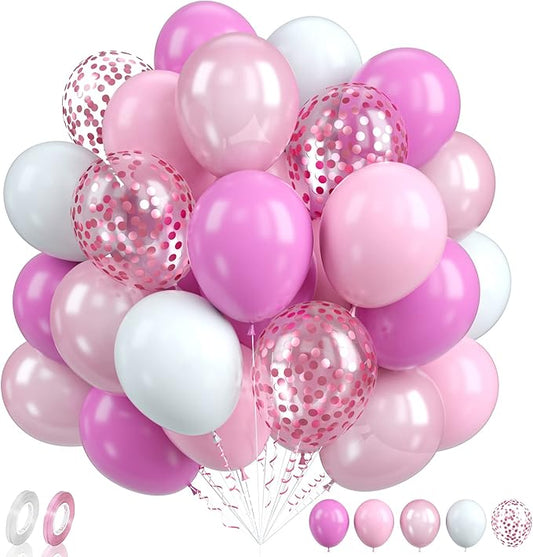 Pink White Balloon Set, 60PCS Confetti Birthday Balloons, 12Inch Latex Macaron Pearl Pink Helium for Girls Women Birthday Baby Shower Wedding Party Supplies