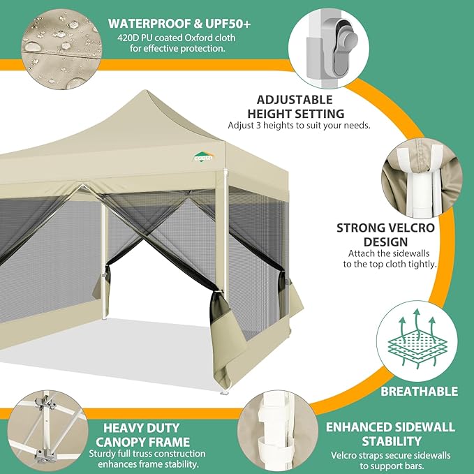 COBIZI 10x10 Canopy Tent with 4 Sidewalls,Heavy Duty Pop up Canopy with Mosquito Netting,Easy up Screen Tent for Parties Wedding Outdoor Camping with Handbag,Khaki