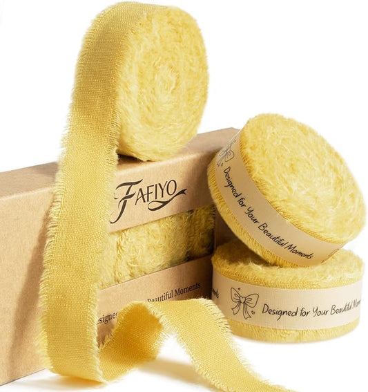 Yellow Cotton Ribbon 5/8 Inch Mustard Yellow 3 Rolls 21 Yards Frayed Edge Fabric Set for Wedding Decor, Bridal Bouquet Wrap, Baby Shower, Gift Wrapping & Fall Decor