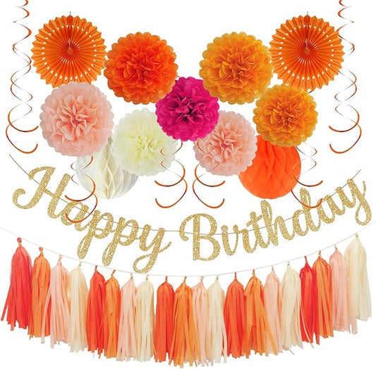 Envibe Orange Birthday Decorations, Tissue Paper Pom Poms with Happy Birthday Banner, Boho Tissue Fans Streamers Paper Lantern, 38 Pcs Fall Party Decoration.