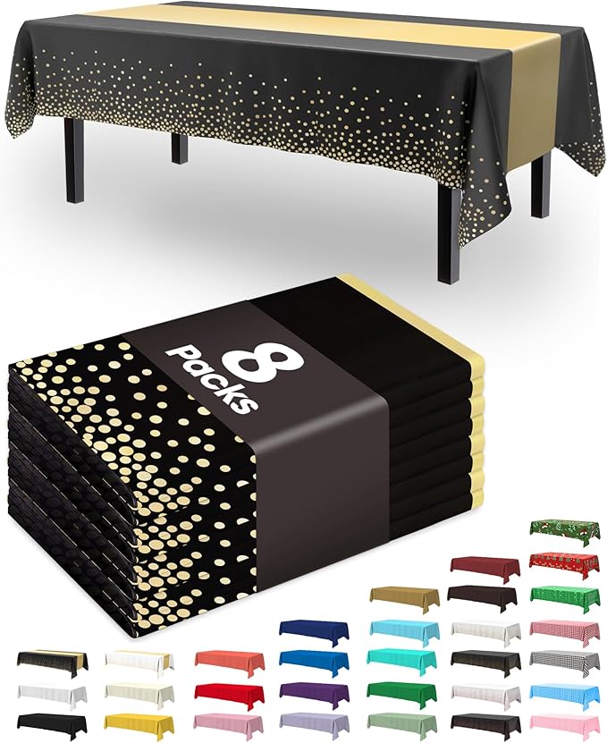 Pureegg Plastic Table Cloth Disposable 8 Pack, 54 x 108 Inch, Table Runner Style, Graduation Decorations 2026, Party Tablecloths, Rectangle, Plastic Cover, Leakproof & Sturdy, Black Gold