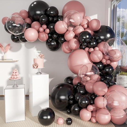 Dusty Pink Black Balloons Arch Kit, 151Pcs Black Pink and Bobo Balloons Garland 18 12 10 5 inch for Women Girls Birthday Wedding Bridal Shower Bachelorette Anniversary Party Decorations