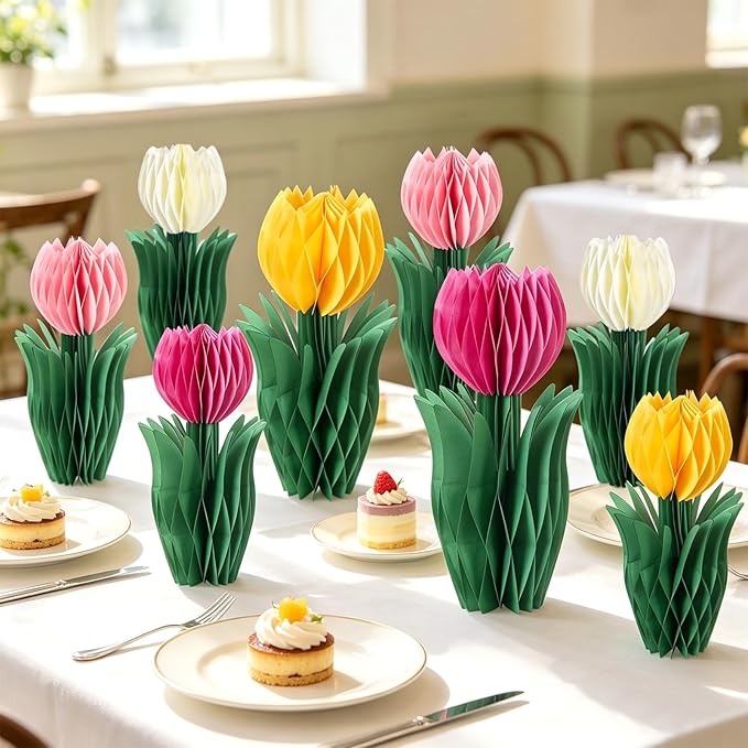 SUNBEAUTY 8 PCS Flower Honeycomb Decor Tulips Table Centerpieces Spring Decoration for Home Office Paper Flower Tulip Honeycomb Decor for Garden Party, Mother's Day Decoration