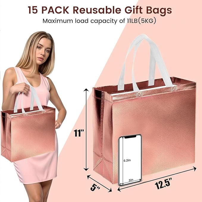 VGOODALL 15 Pack Gift Bags with Handles, 12.6" x 5" x 11" Rose Gold Reusable Gift Bags Bulk for Birthday Wedding Party Favor Goodie