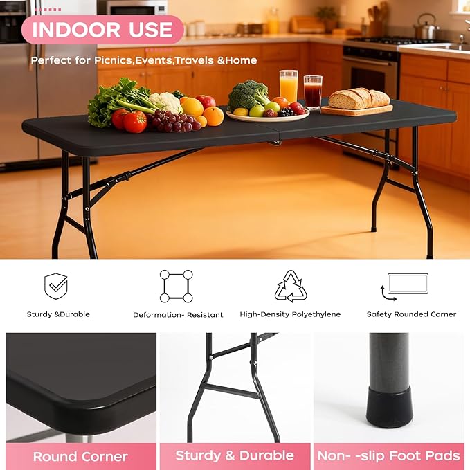 FDW 8FT Folding Table, Portable Fold-in-Half Plastic Picnic Party Table with Carrying Handle (Black, 8FT)