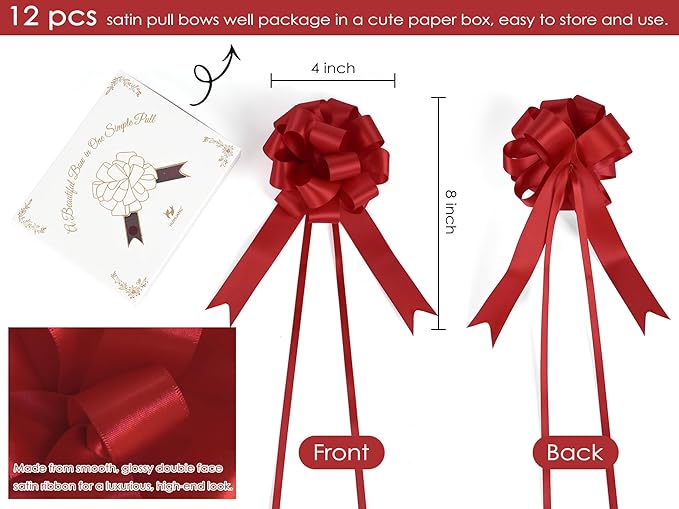 HUIHUANG Red Pull Bows for Gift Wrapping 4"x8" Red Christmas Bows 12 PCS Satin Gift Bow for Presents, Gift Basket, Paper Bag, Wrapping Accessories, Wreaths, Holiday Christmas Decor