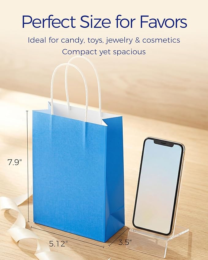 SUNCOLOR 24-Pack Blue Gift Bags with Handles, 8 Inch Goodie Bags for Party Favors, Baby Showers, Birthdays